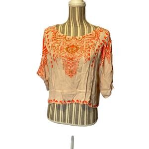 West 36th Corp Coral Peach Aztec Beaded Crop Top Keyhole Back Women’s Medium